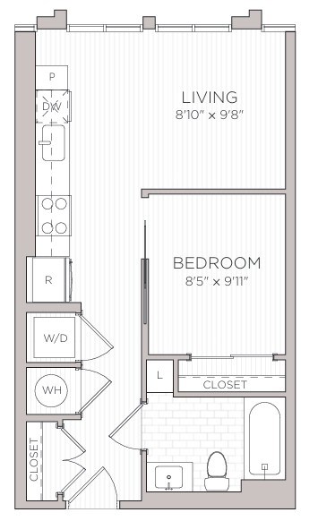 Floor plan for studio, 1 bath, 498 sqft